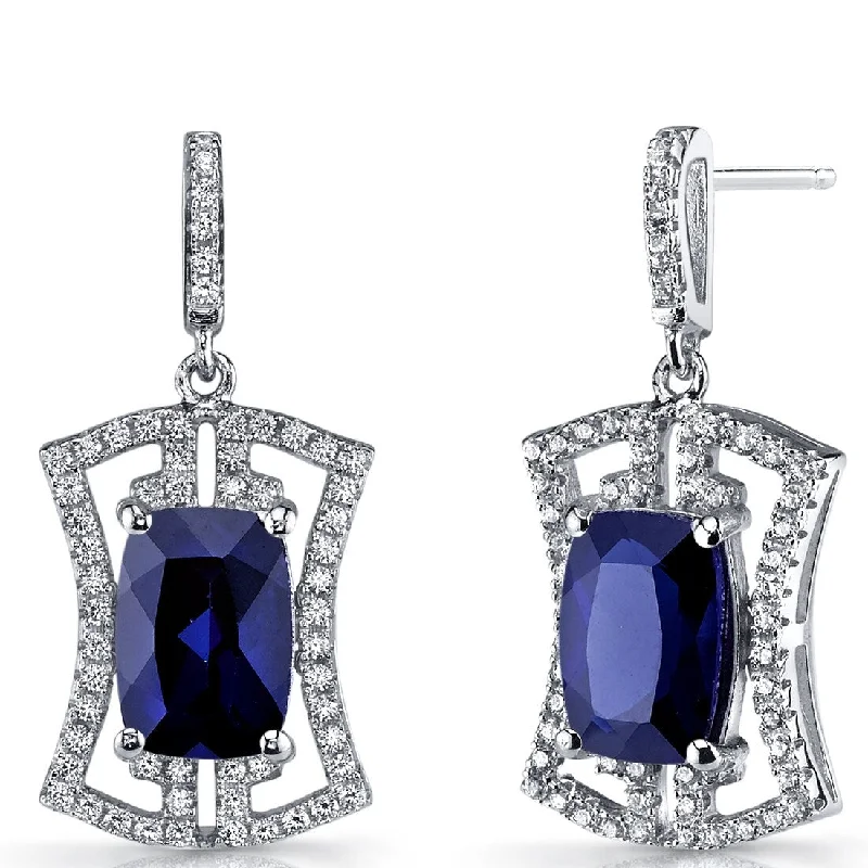 Sterling Silver 6.5ct Created Sapphire Cushion Dangling Earrings