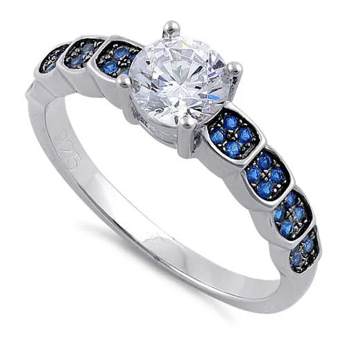 Sterling Silver Engagement Round Cut Blue CZ Ring