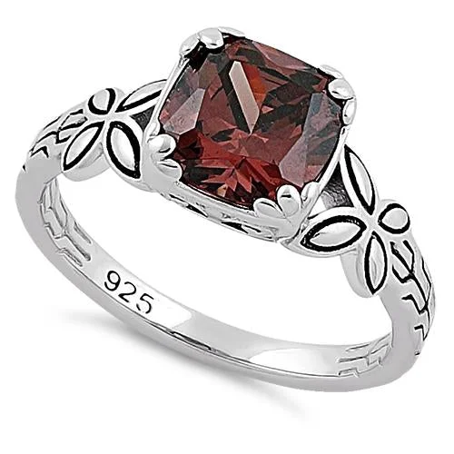 Sterling Silver Twin Butterfly Cushion Cut Brown CZ Ring