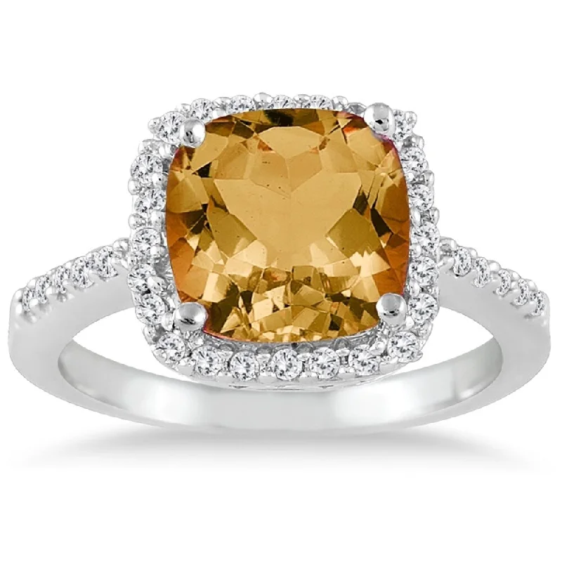 2 1/2 Carat Cushion Cut Citrine and Diamond Ring 14K White Gold