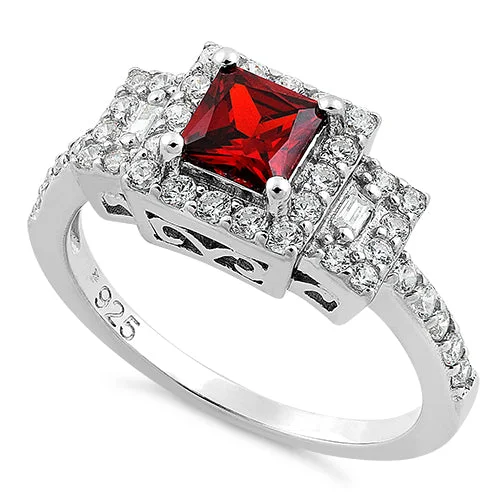 Sterling Silver Square Garnet CZ Ring