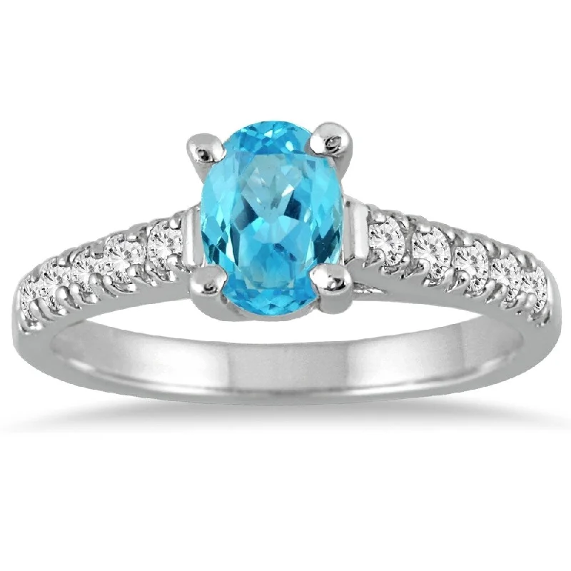 1 Carat Oval Blue Topaz and Diamond Ring in 14K White Gold