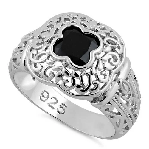 Sterling Silver Quatrefoil Black CZ Ring