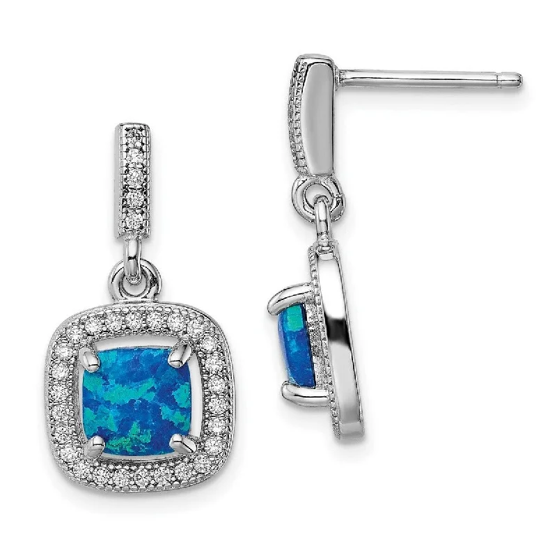 Curata 925 Sterling Silver Rhodium Plated Blue Simulated Opal Cubic Zirconia Post Earrings - 22.2x11.7