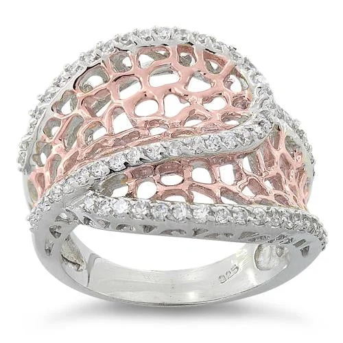 Sterling Silver Two-Tone Rose Gold Plated Freeform CZ Ring