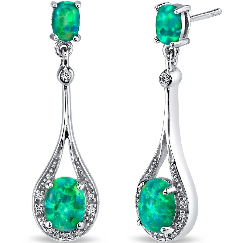 Sterling Silver 3.75ct Created Opal Oval Dangling Earrings