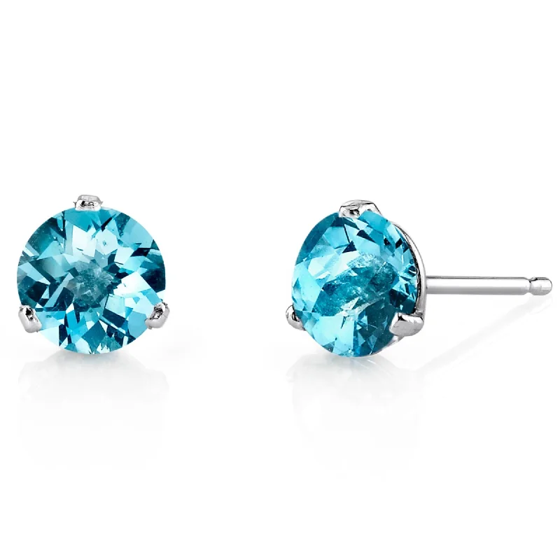 14k White Gold Swiss Blue Topaz Stud Earrings 2.05ct Round Shape