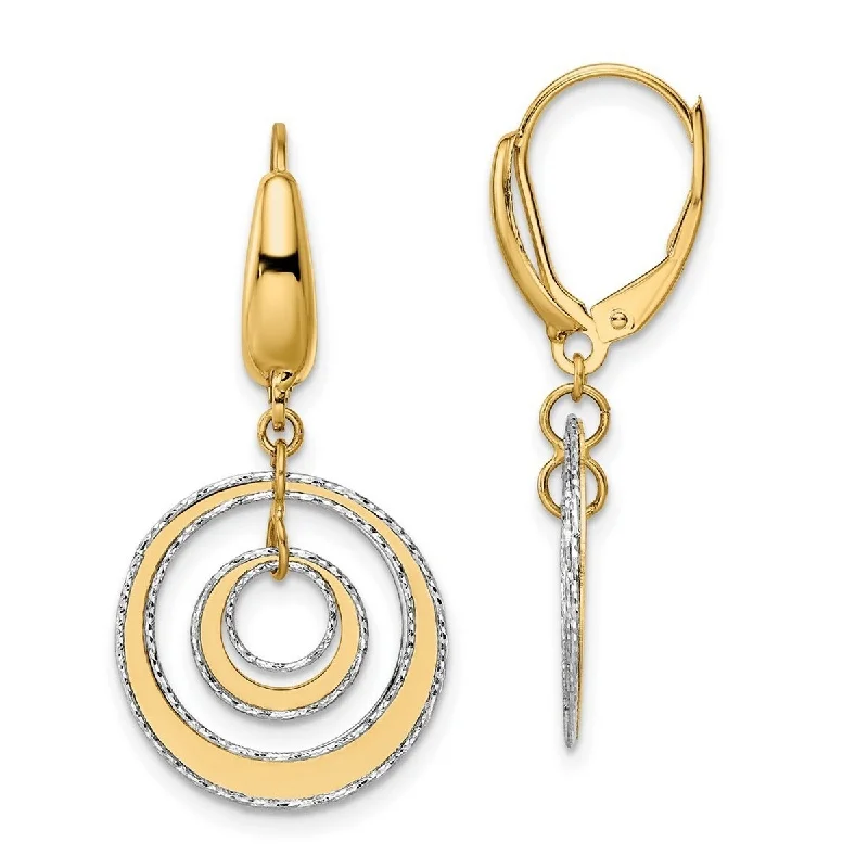 Curata 14k Two tone Gold Polished Textured Leverback Long Drop Dangle Earrings - 35x16.75mm Wide