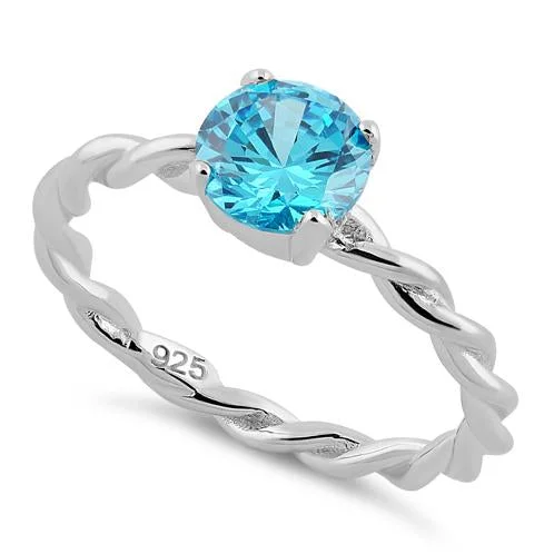 Sterling Silver Aqua Twisted Band CZ Ring