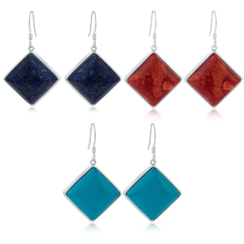 Sterling Silver Square Choice of Gemstone Dangling Earrings