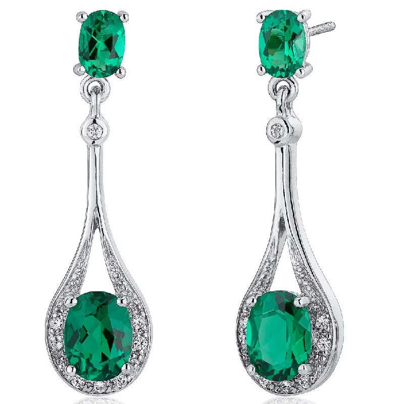 Sterling Silver 3.5ct Simulated Emerald Oval Dangling Earrings