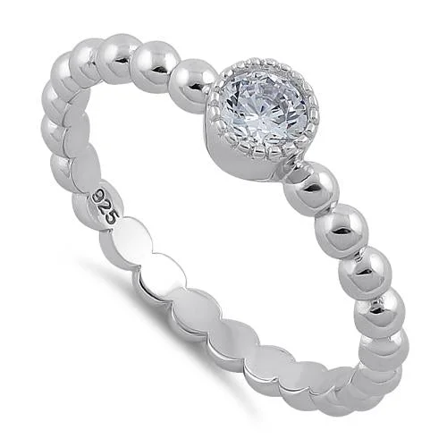 Sterling Silver Round Cut Beaded Clear CZ Ring