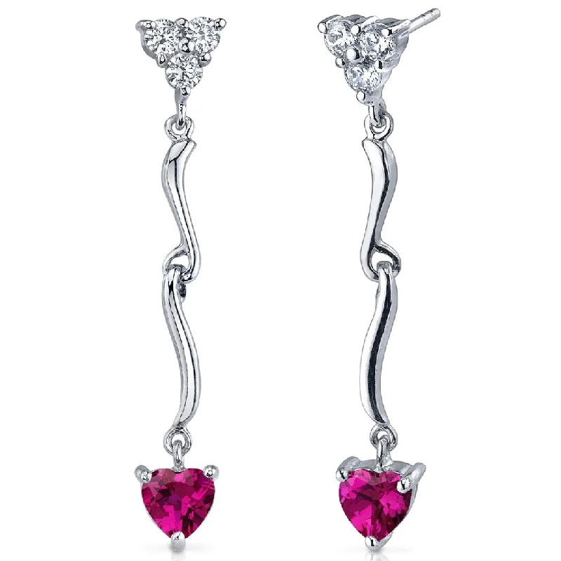 Sterling Silver 2ct Created Ruby Heart Dangling Earrings