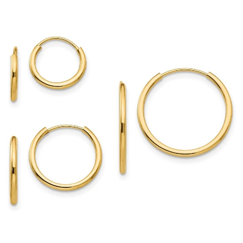 Curata 14k Yellow Gold Polished Set of 3 Pairs of Endless Hoop Earrings