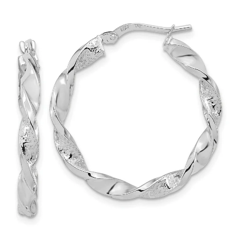 Curata 14k White Gold Polished and Textured 27.8x3mm Twisted Hoop Earrings