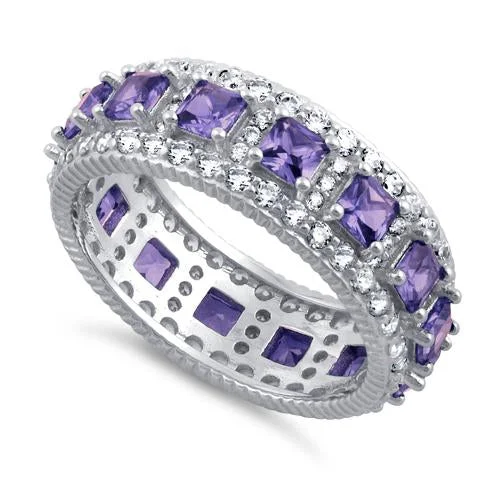 Sterling Silver Eternity Princess Cut Amethyst CZ Ring