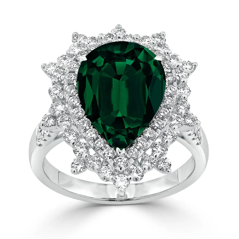 Auriya 4 1/5ct Pear-cut Green Emerald and Halo Diamond Ring 1 1/4ctw 18K Gold