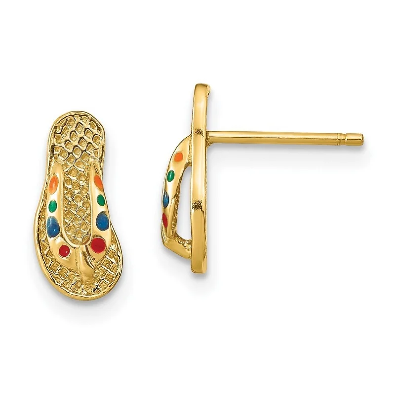 Curata 14k Yellow Gold Multi color Enamel Single Flip Flop Post Earrings - 11x5mm