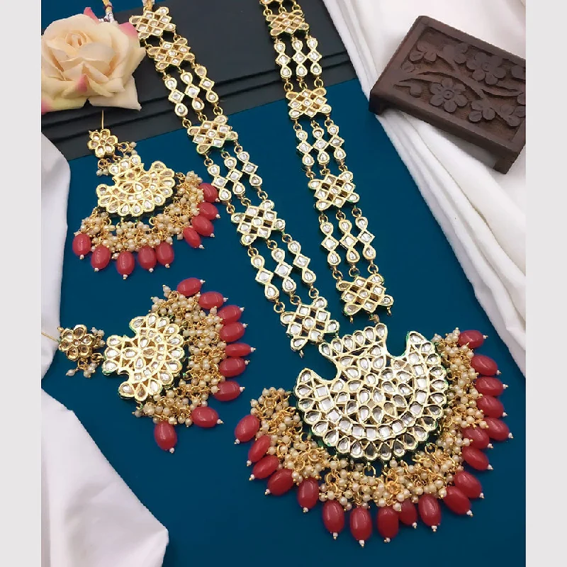 5G Jewellery Gold Plated Kundan Stone And Beads Long Necklace Set