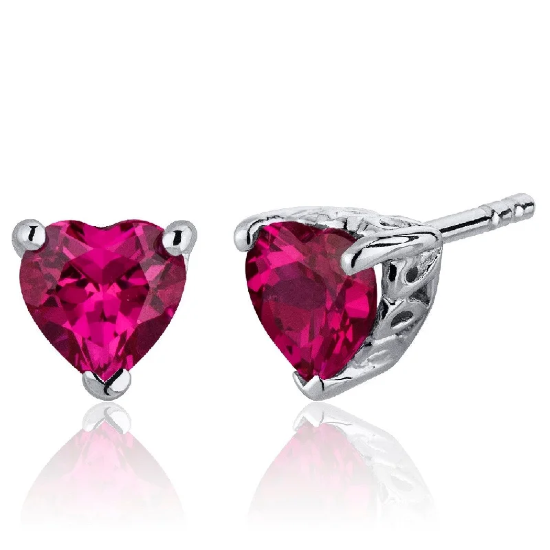 Sterling Silver 2ct Created Ruby Heart Stud Earrings