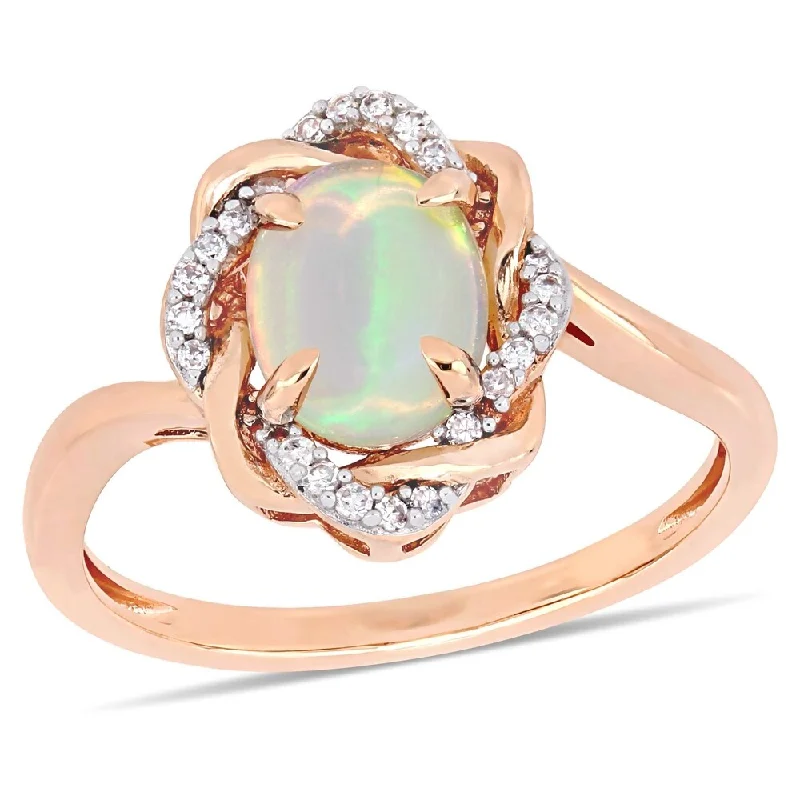 Miadora 10k Rose Gold Blue Ethiopian Opal and 1/10ct TDW Diamond Ring