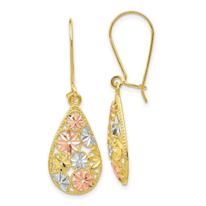 Curata 10k Yellow Gold with White and Rose Rhodium 39x11.95mm D/C Pear Disc Frenchwire Earrings