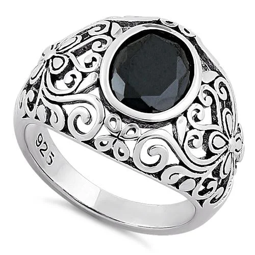 Sterling Silver Plush Oval Cut Black CZ Ring