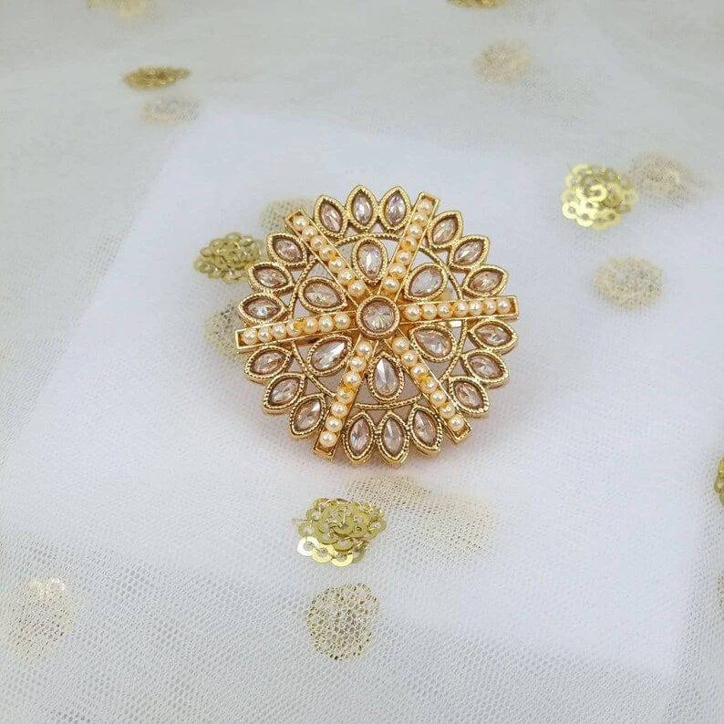 Polki Pearl Mandala Statement Ring - Golden