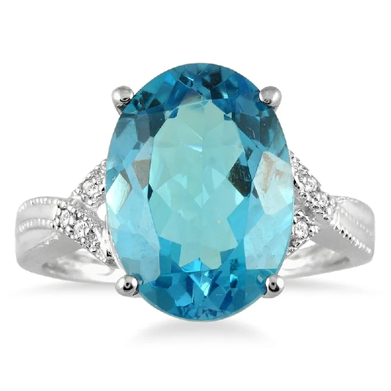 8 Carat Oval Swiss Blue Topaz and Diamond Ring in 10K White Gold