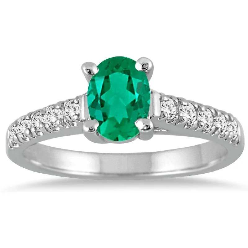 1 Carat Oval Emerald and Diamond Ring in 14K White Gold