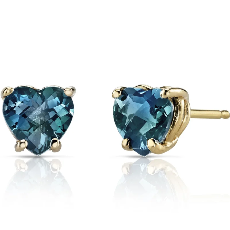 14k Yellow Gold London Blue Topaz Stud Earrings 1.9ct Heart Shape