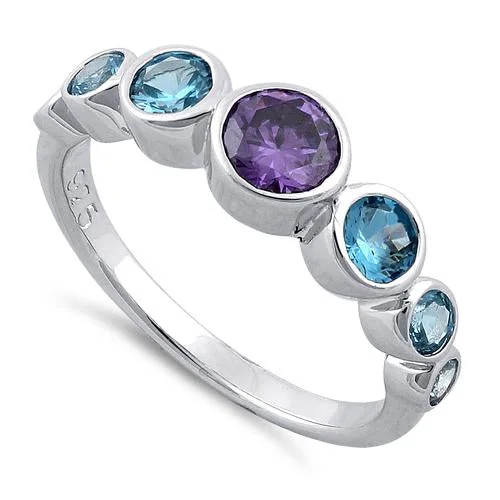 Sterling Silver Amethyst & Blue Topaz Seven Stone Round CZ Ring