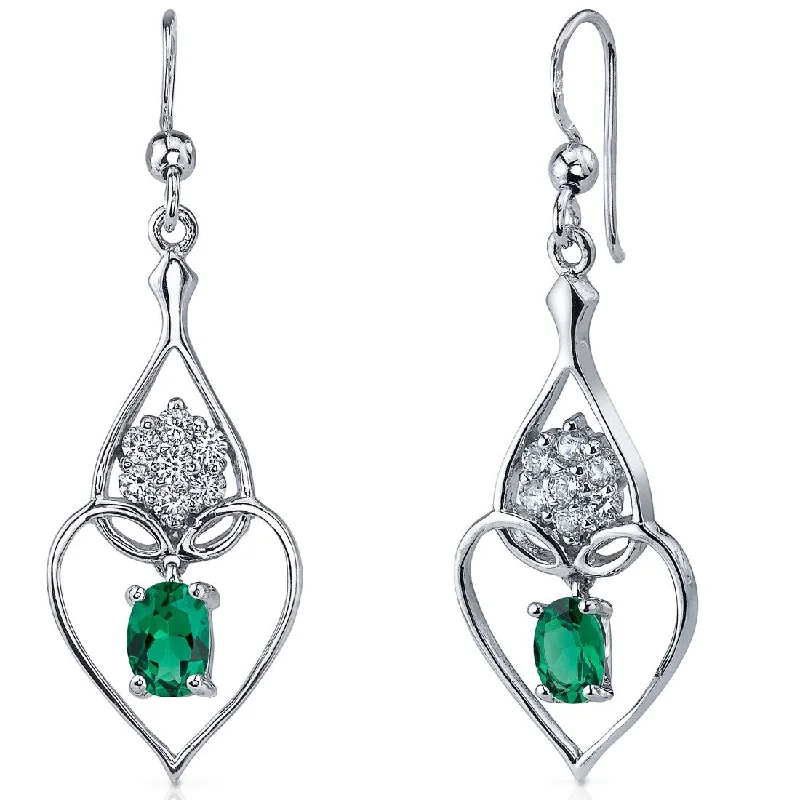 Sterling Silver 1.5ct Simulated Emerald Oval Dangling Earrings