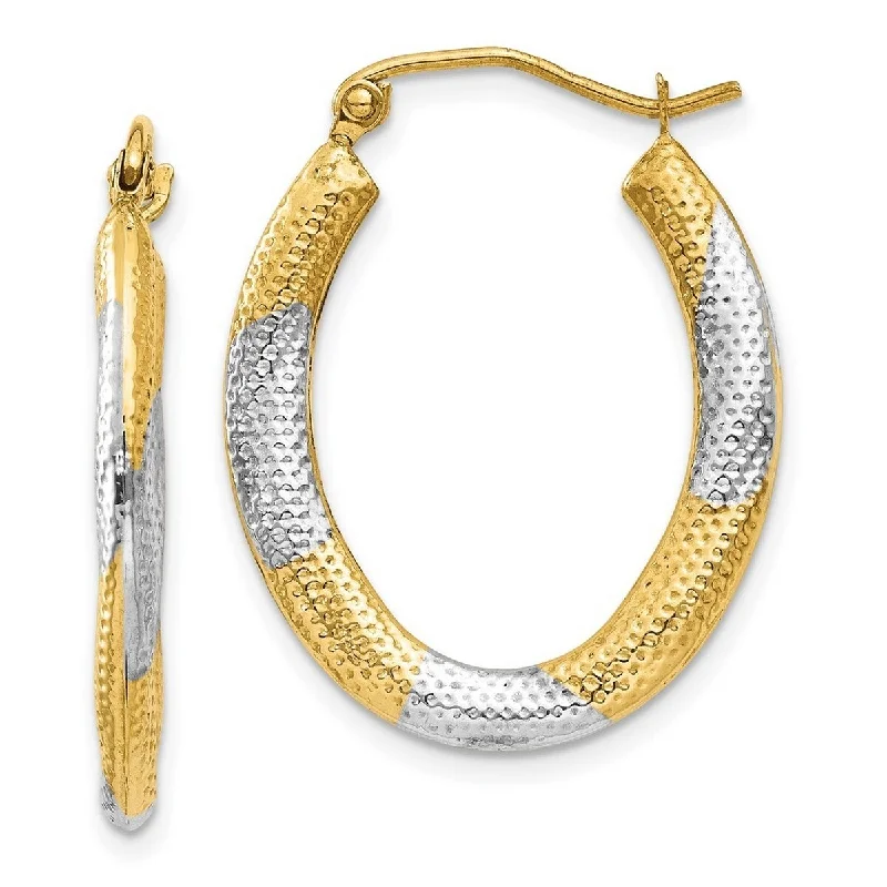 Curata 14k Yellow Gold and Rhodium 3x25mm Textured Oval Hoop Earrings