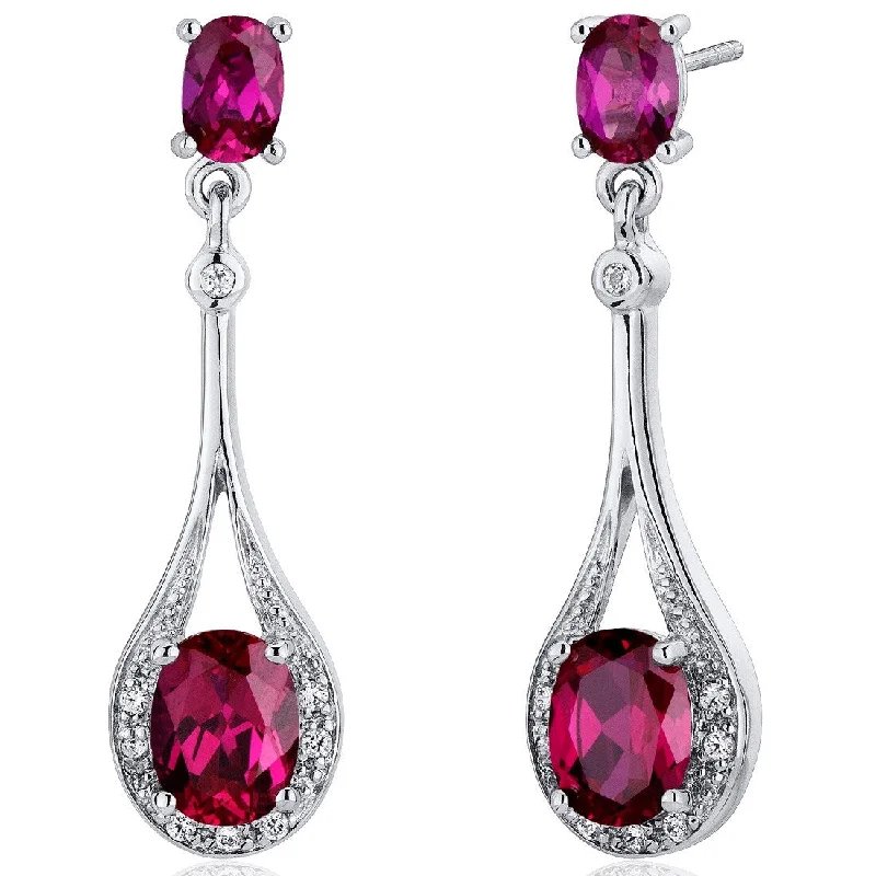 Sterling Silver 4.5ct Created Ruby Oval Dangling Earrings