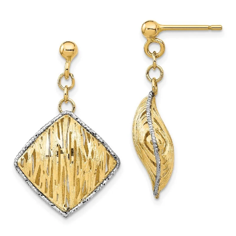 Curata 14k Yellow Gold and White Rhodium Polished And Sparkle Cut Dangle Post Earrings