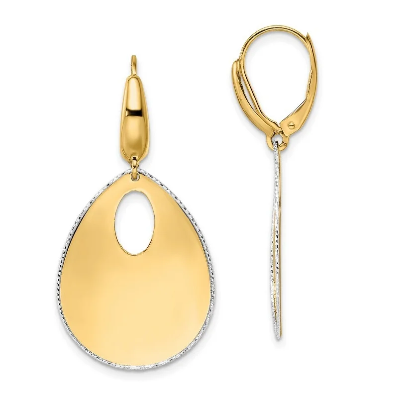 Curata 14k Two tone Gold Polished Textured Flat Pear-shapes Leverback Dangle Earrings 40mm