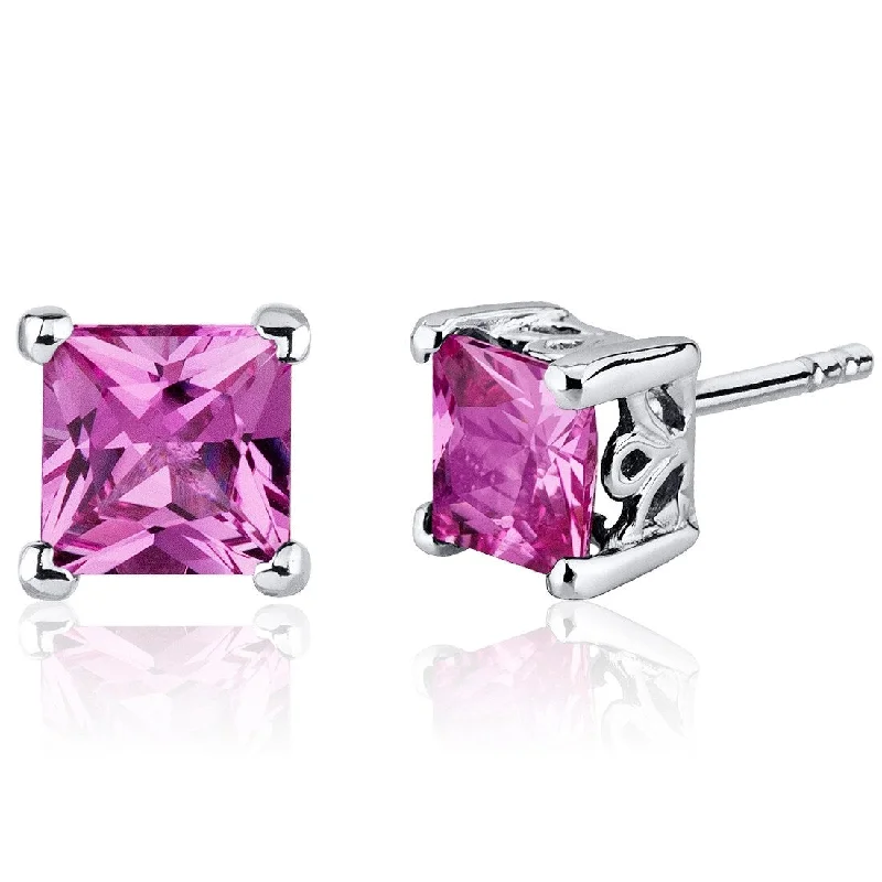 Sterling Silver 3ct Created Pink Sapphire Princess Stud Earrings