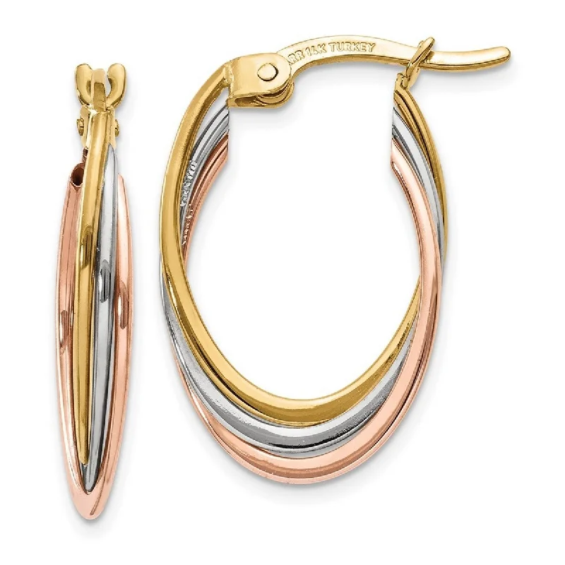 Curata 14k Tri-Color Gold Satin Twisted Hoop Earrings (5mm x 22mm)