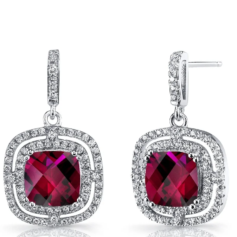 Sterling Silver 6ct Created Ruby Cushion Dangling Earrings