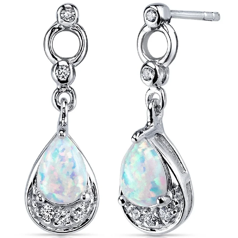 Sterling Silver 1ct Created Opal Pear Dangling Earrings