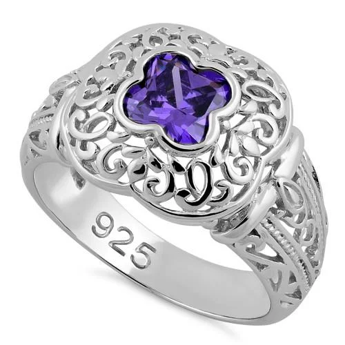 Sterling Silver Quatrefoil Amethyst CZ Ring