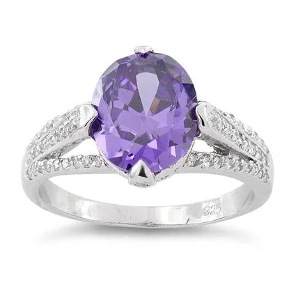 Sterling Silver Oval Amethyst CZ Ring