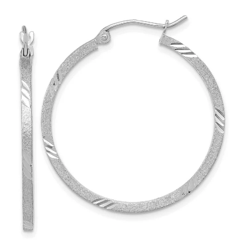 Curata 14k White Gold Satin and Sparkle Cut Square Tube Hoop Earrings 32x1.75mm