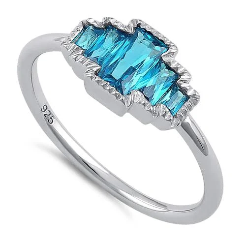 Sterling Silver Five Radiant Cut Aqua Blue CZ Ring