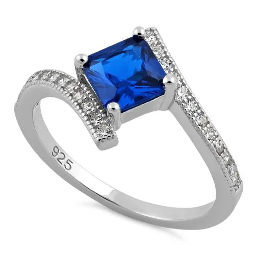 Sterling Silver Elegant Princess Cut Blue Spinel CZ Ring