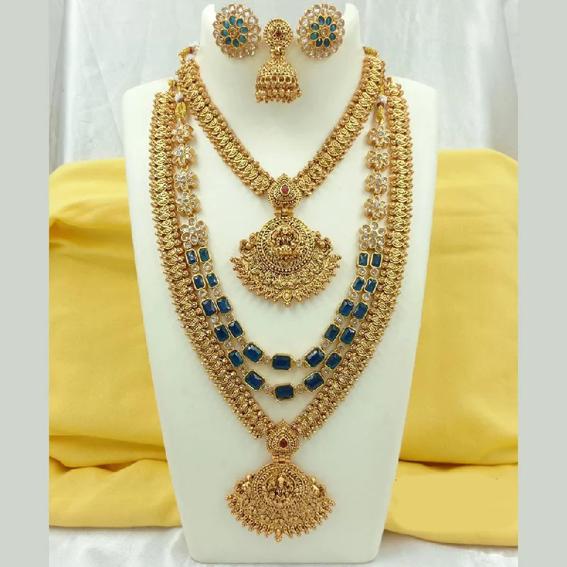 Fs Collection Gold Plated Crystal Stone Temple Long Necklace Combo Set