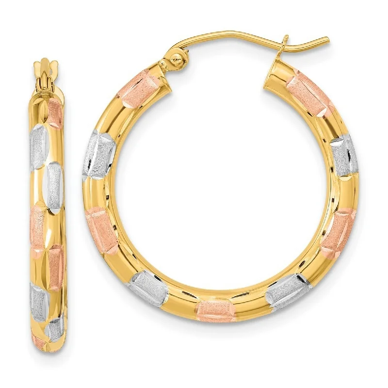 Curata 14k Yellow Gold With White and Rose Rhodium Satin Diamond cut 26x3mm Hoop Earrings