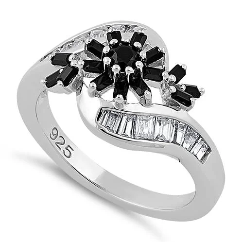 Sterling Silver Blooming Flower Black CZ Ring