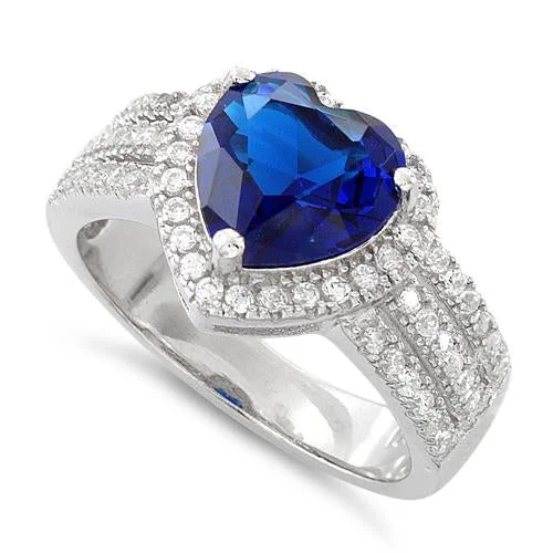 Sterling Silver Blue Sapphire Heart CZ Ring